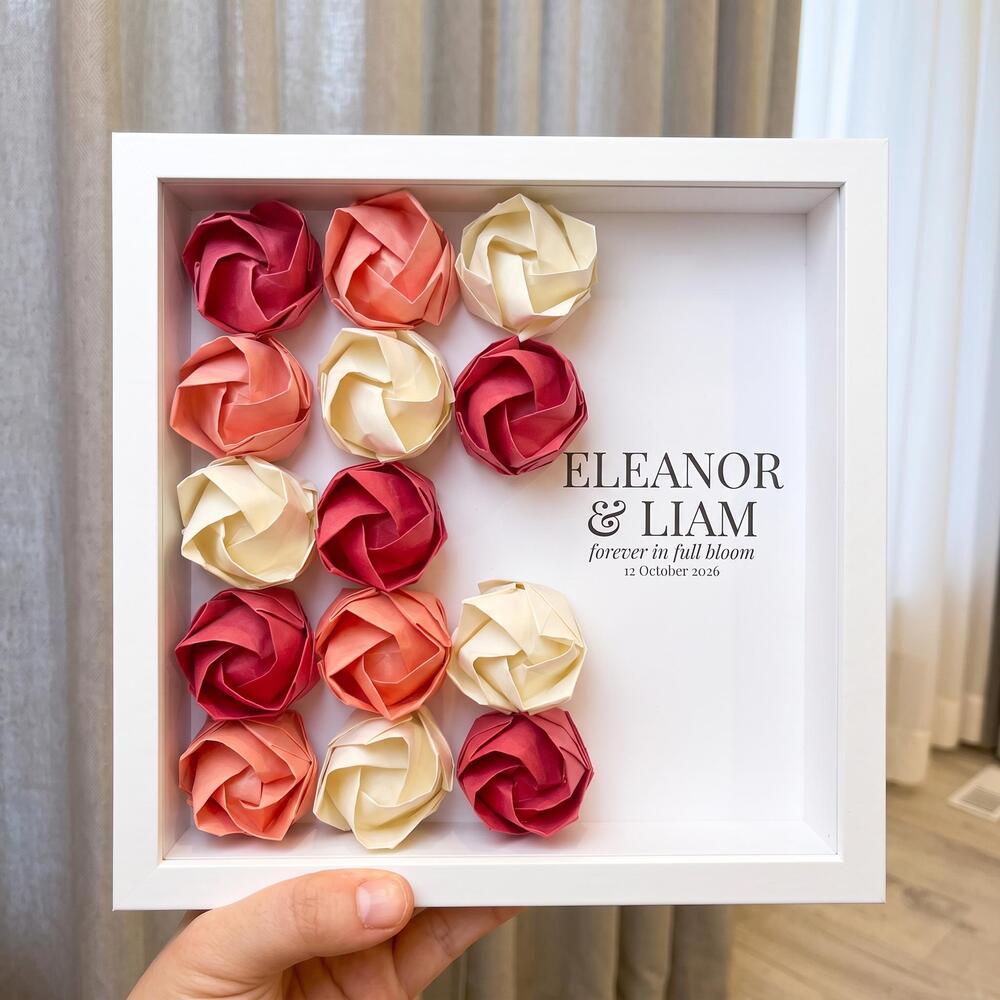 Personalized Origami Rose Frame, Custom Color Wedding Gift, Handmade Paper Anniv